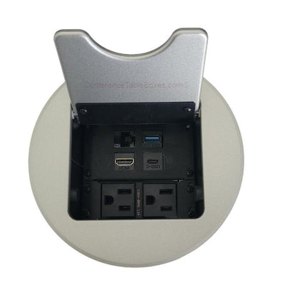 Cable Nook Jr Round Table Box, 2 Power, 1 HDMI, 1 Cat6, 1 USB-A, 1 USB-C, Silver