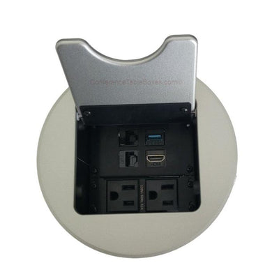 Cable Nook Jr Round Table Box, 2 Power, 1 HDMI, 2 Cat6, 1 USB-A, Silver