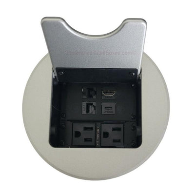Cable Nook Jr Round Table Box, 2 Power, 1 HDMI, 2 Cat6, 1 USB-C, Silver