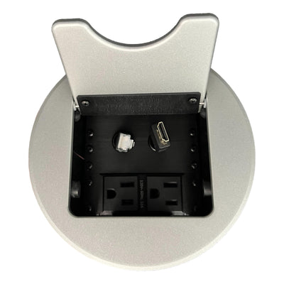 Cable Well Round Box with HDMI & Cat6 Retractable Cable 2 Power Silver