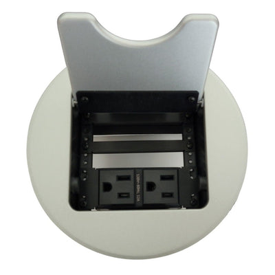 Cable Nook Jr Round Table Box, 2 Power, Cable End Holders, Silver