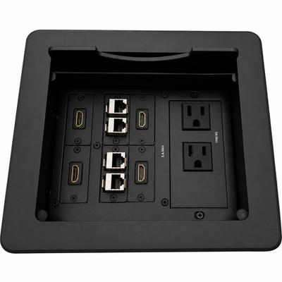 Cable Well Table Box, 2 Power, 4 HDMI, 4 Cat6 - Black