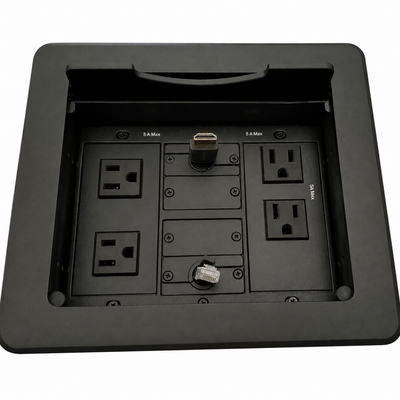 Table Well Box, 4 Power, Retractable HDMI & Cat6, Black