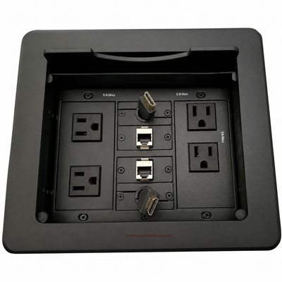 Table Well, 4 Power, 2 Charging USB, 2 Retracting HDMI, 2 Cat6, Black