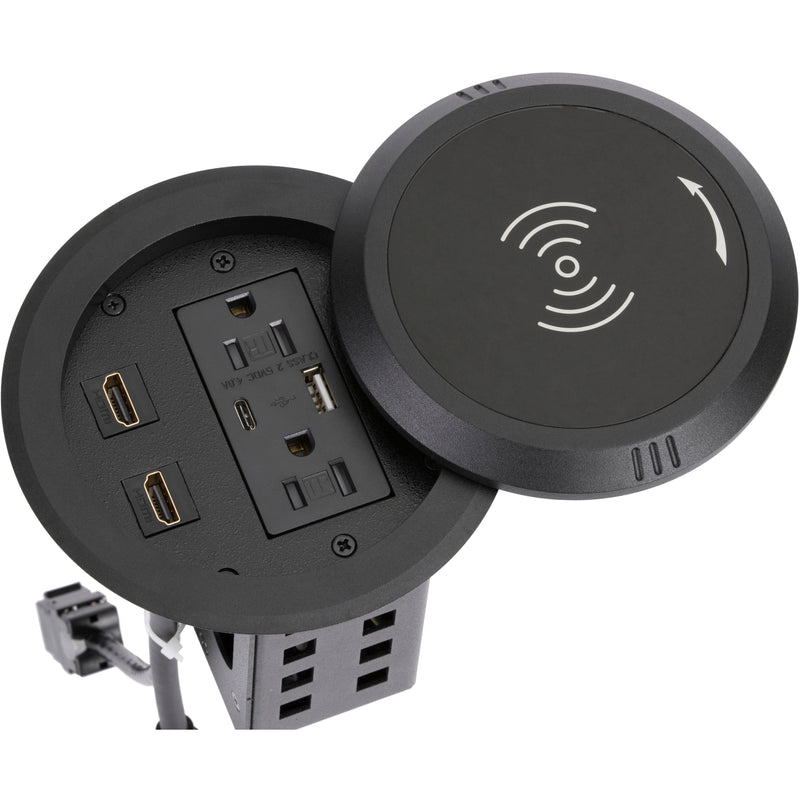 Round Table Box, 2 Power, USB-A, USB-C, 2 HDMI, Wireless Charging, Angle
