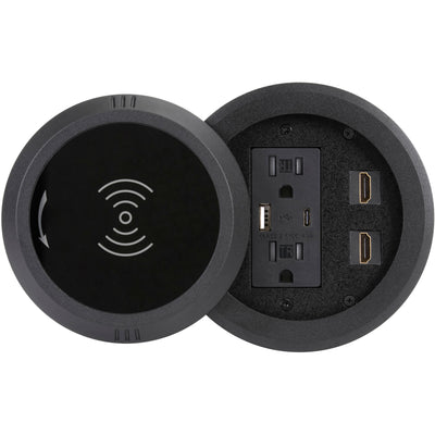 Round Table Box, 2 Power, USB-A, USB-C, 2 HDMI, Wireless Charging