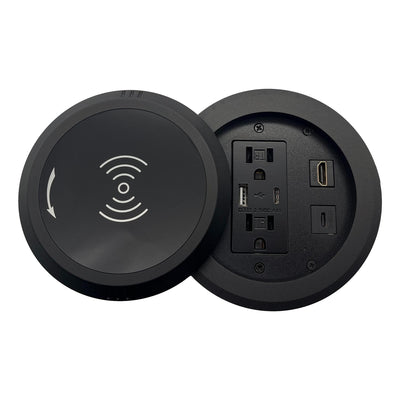 Round Table Box, 2 Power, USB-A, USB-C, HDMI, USB-C, Wireless Charging