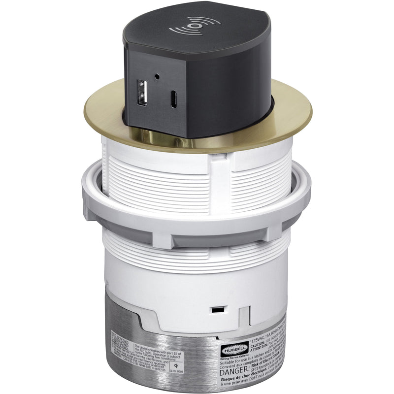 Hubbell RCT600BR Pop Up 15A Power, USB-A/C Wireless Charging, Brass