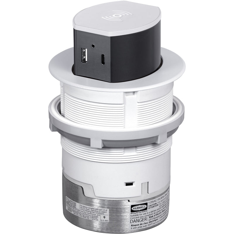 Hubbell RCT600W Pop Up 15A Outlet, USB-A/C, Wireless Charging, White