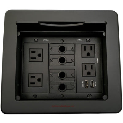Kramer TBUS-1N-B4 Table Box with 4 Power, 2 Charging USB, 4 Cable Holes, Black