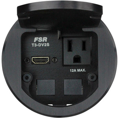 FSR T3-DV2S-BLK cable well conference table connectivity box with 1 power, 1 HDMI, and 2 keystone blanks - black open lid