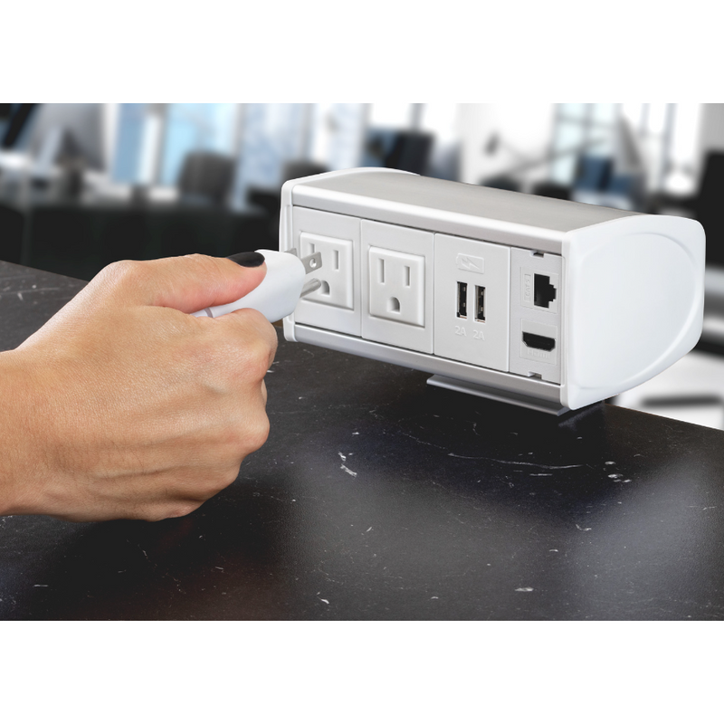 Table Edge Clamp Box, 2 Power, 2 Charging USB, 1 HDMI, 1 Cat6, White