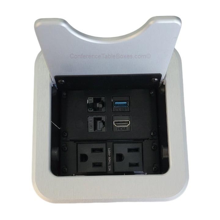 Cable Nook Jr Table Well Box, 2 Power, 1 HDMI, 2 Cat6, 1 USB-A, Silver