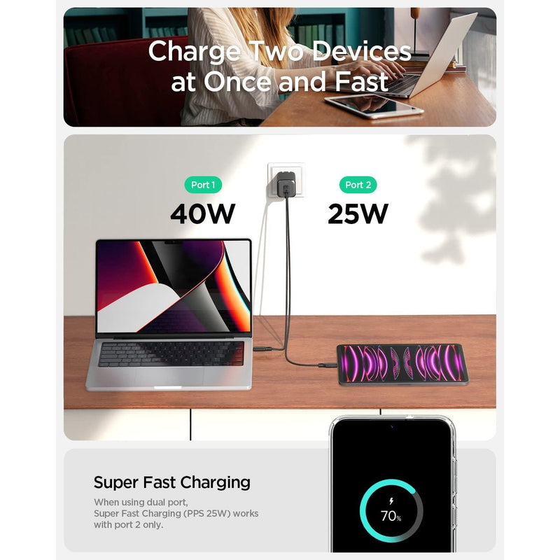 65W Dual USB-C Port Charging Hub, PD, PPS, Black