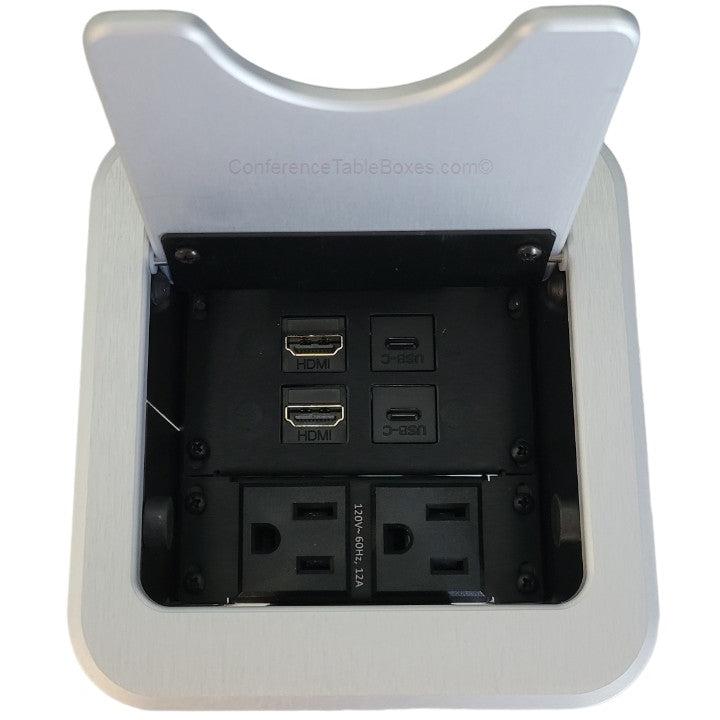 Cable Nook Jr Table Well Box, 2 Power, 2 HDMI, 2 USB-C, Silver