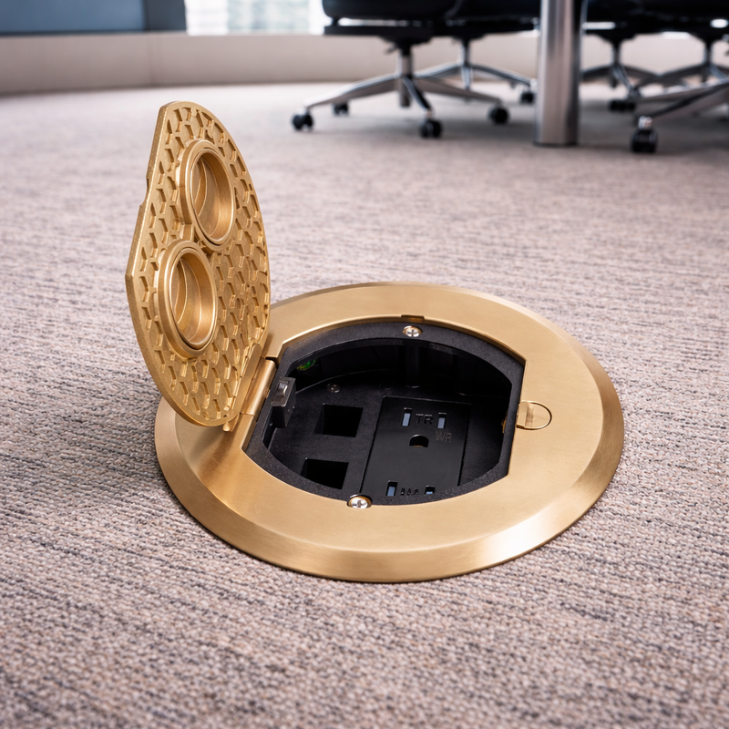 Recessed Round Floor Box for Concrete with Power & Data, Brass