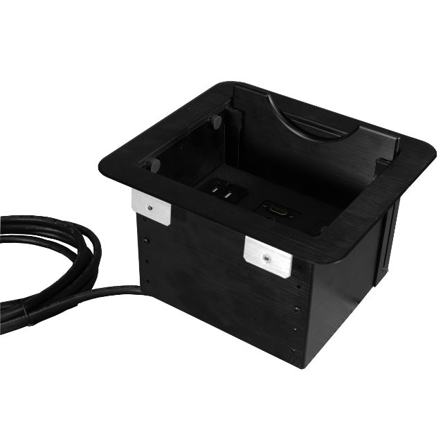 Cable Nook w/ Retracting Lid, 2 Power, 3 Charging USB, 2 HDMI, 2 Cat6, Black