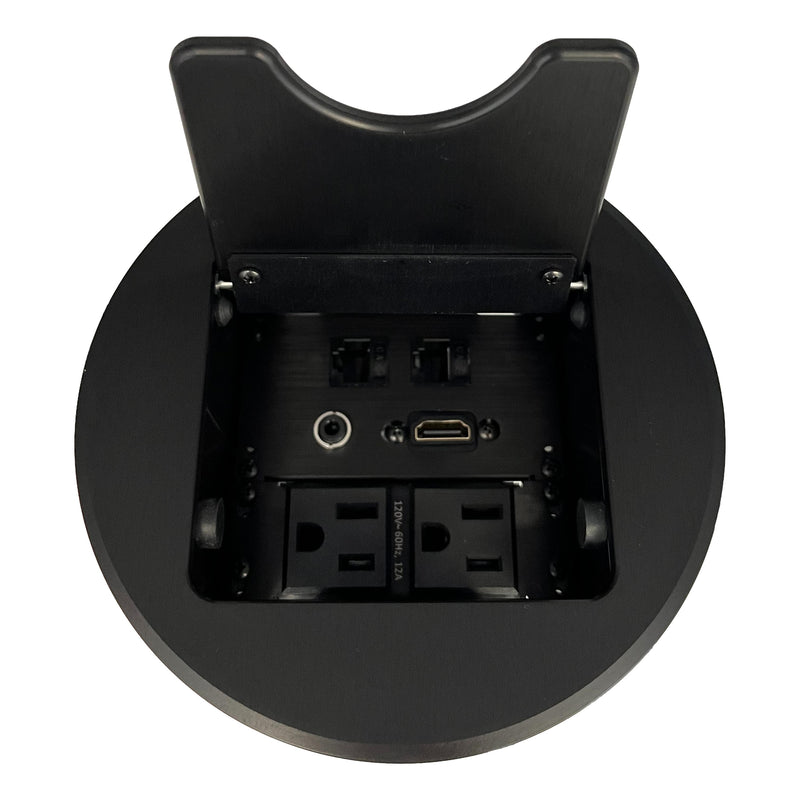 Altinex Cable Nook Jr Round Table Box, 2 Power, 1 HDMI, 2 Cat6, Black