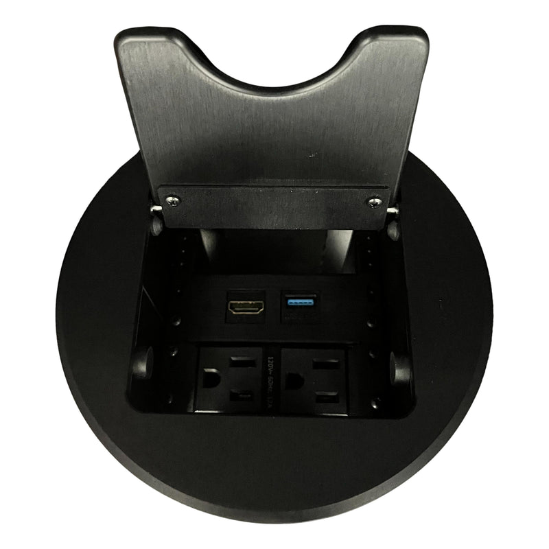 Altinex Cable Nook Jr Round Table Box, 2 Power, 1 HDMI, 1 USB, Black