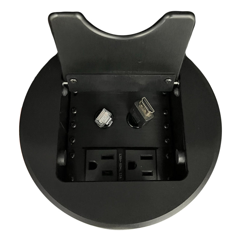 Cable Well Round Box with HDMI & Cat6 Retractable Cable, 2 Power Black