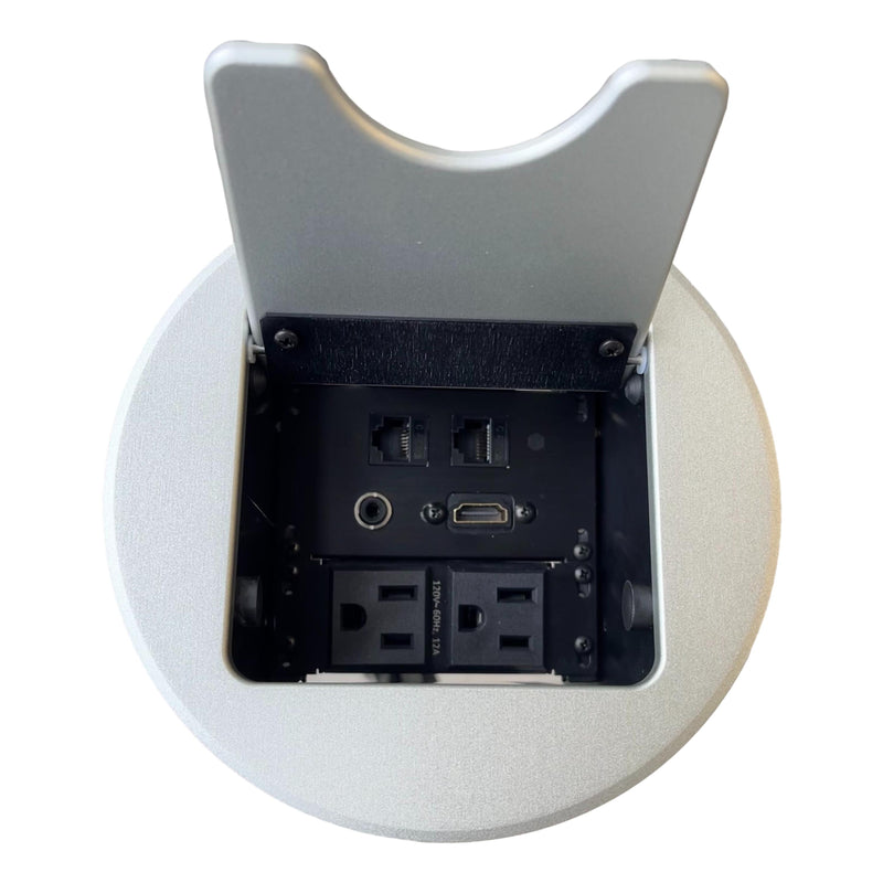 Altinex Cable Nook Jr Round Table Box, 2 Power, 1 HDMI, 2 Cat6, Silver