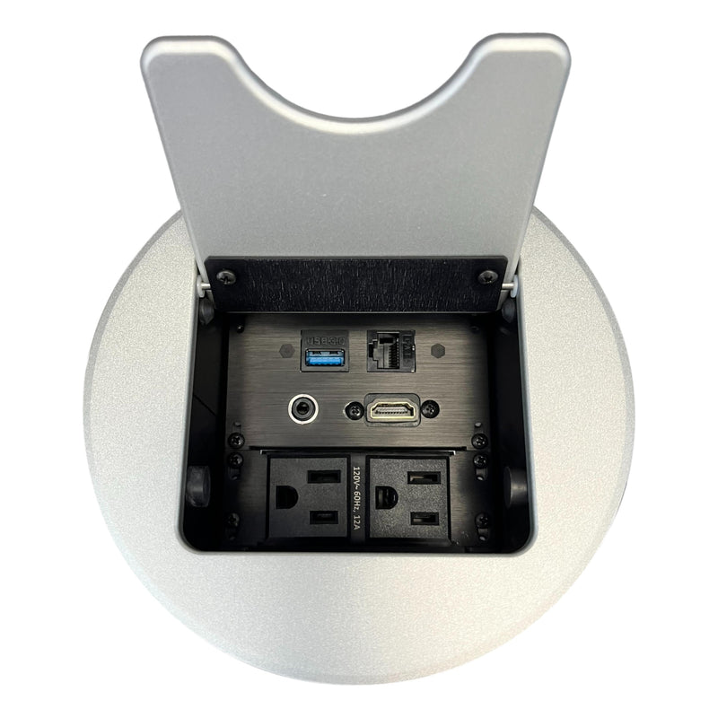 Altinex Cable Nook Jr Round Table Box, 2 Power, 1 HDMI, 1 Cat6, 1 USB, Silver