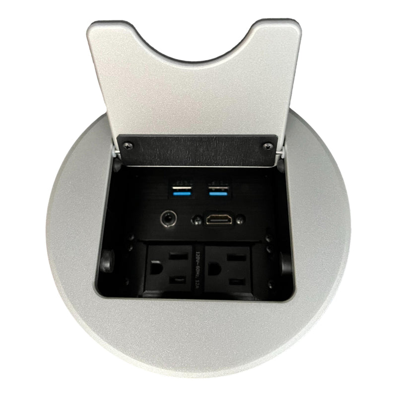 Altinex Cable Nook Jr Round Table Box, 2 Power, 1 HDMI, 2 USB, Silver