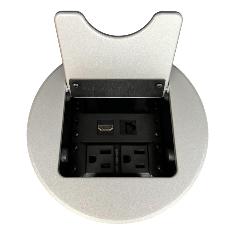 Altinex Cable Nook Jr Round Table Box, 2 Power, 1 HDMI, 1 Cat6, Silver