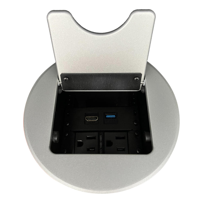Altinex Cable Nook Jr Round Table Box, 2 Power, 1 HDMI, 1 USB, Silver