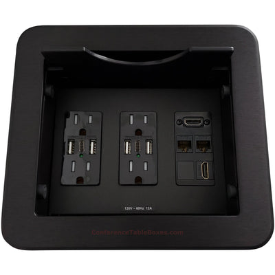 Cable Well, Retracting Lid, 4 Power, 6 USB, 2 HDMI, 2 Data - Black