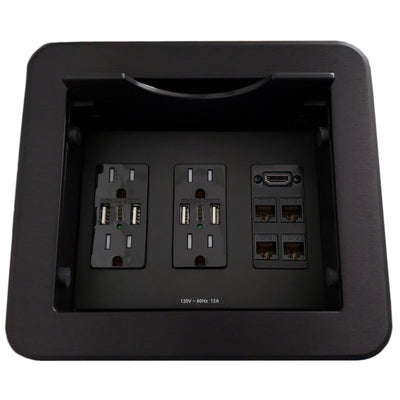 Cable Nook w/ Sliding Lid, 4 AC & 6 Charging USB, 1 HDMI, 4 Cat6, Black