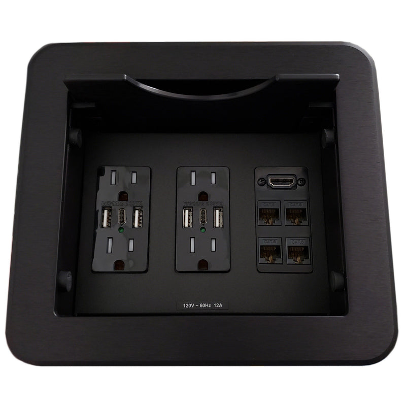 Cable Nook w/ Sliding Lid, 4 AC & 6 Charging USB, 1 HDMI, 4 Cat6, Black