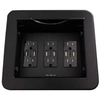 Cable Nook w/ Sliding Lid, 6 Power & 9 Charging USB-A and C, Black