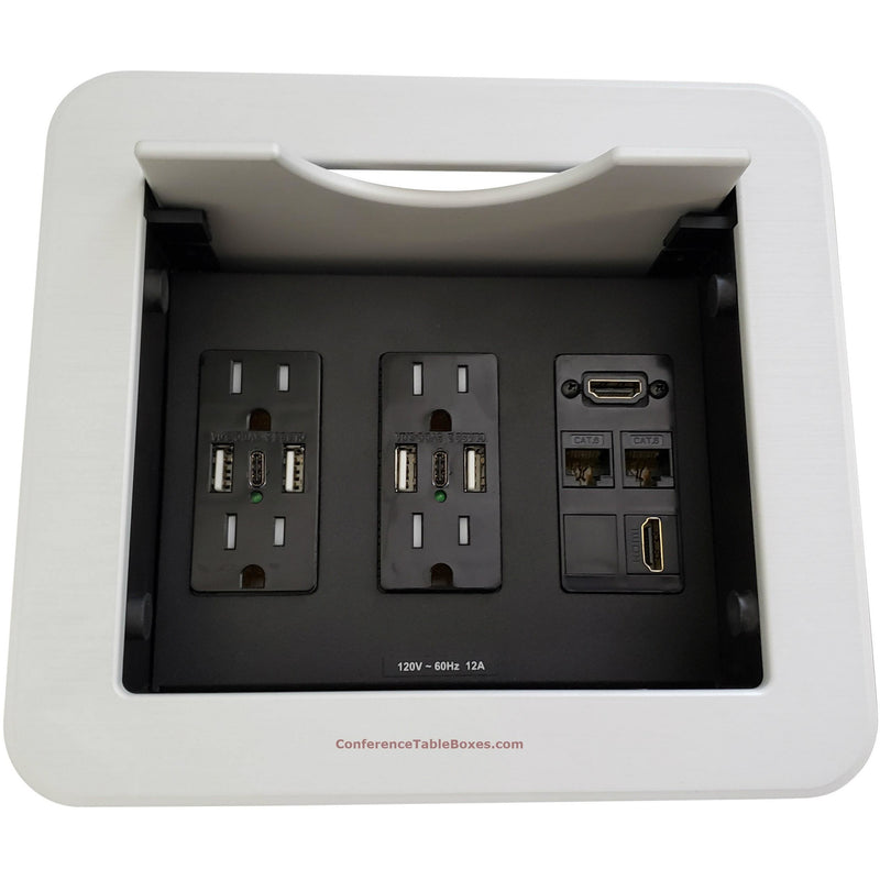Cable Well, Retracting Lid, 4 Power, 6 USB, 2 HDMI, 2 Data - Silver