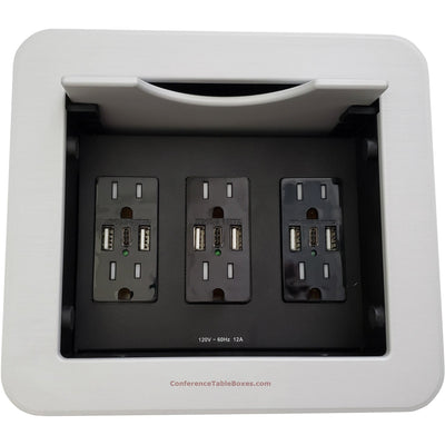 Cable Nook w/ Sliding Lid, 6 Power & 9 Charging USB-A and C, Silver