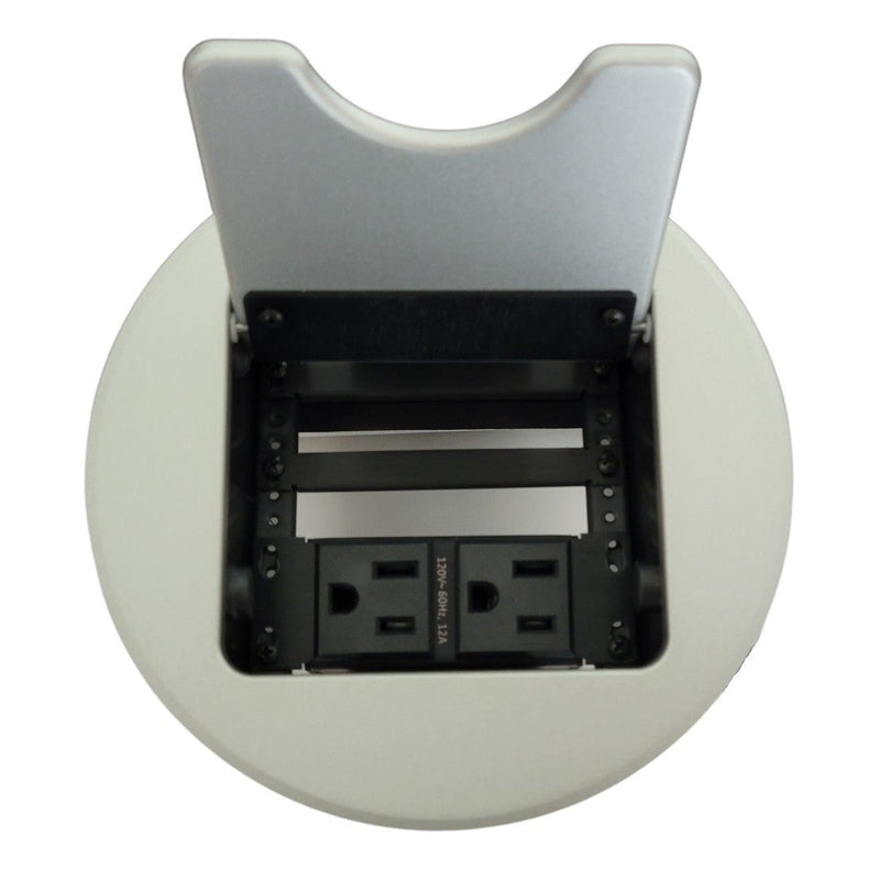 Cable Nook Jr Round Table Box, 2 Power, Cable End Holders, Silver