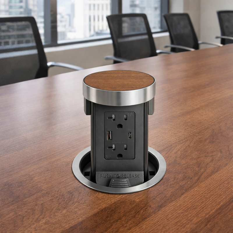 Pop Up Outlet with Custom Top For Wood or Stone, USB-A/C, Stainless