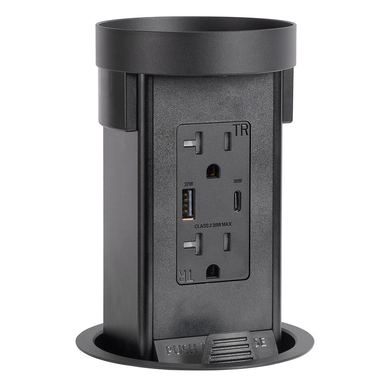 Pop Up Outlet with Custom Top For Wood or Stone, USB-A/C, Black