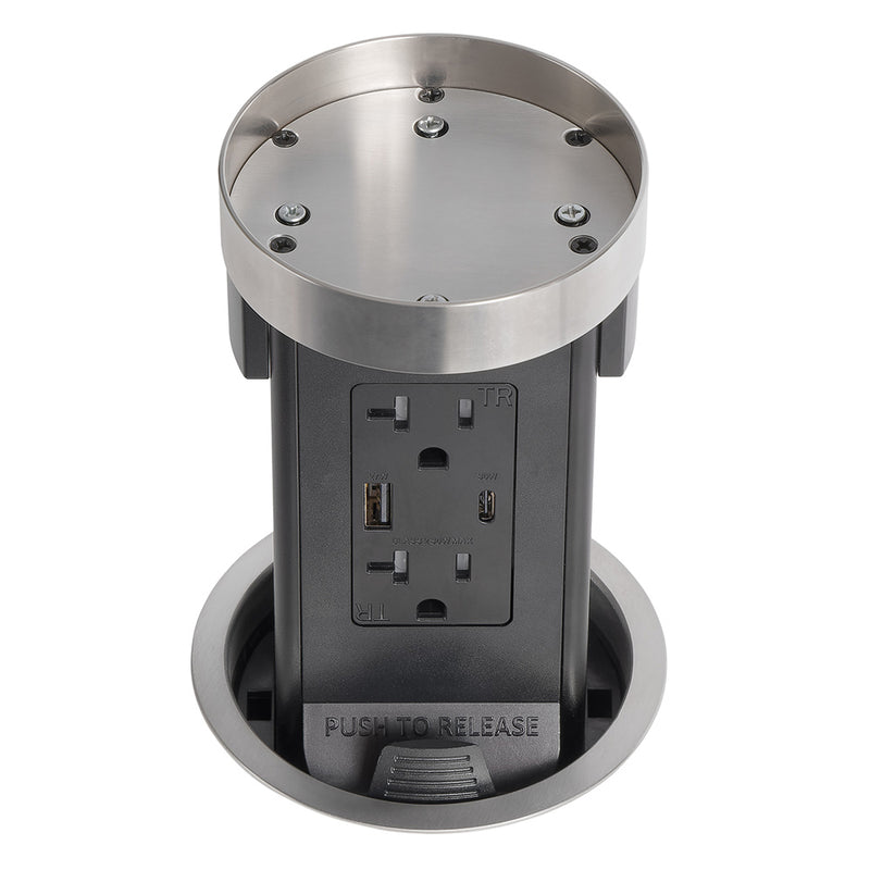 Pop Up Outlet with Custom Top For Wood or Stone, USB-A/C, Stainless