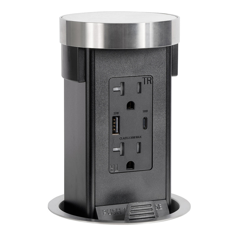 Pop Up Outlet with Custom Top For Wood or Stone, USB-A/C, Stainless