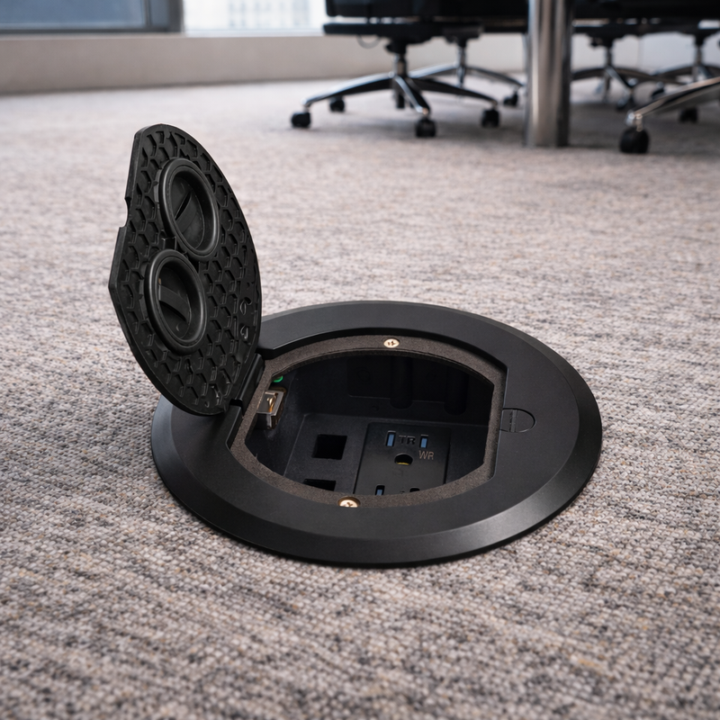 Recessed Round Floor Box for Concrete with Power & Data, Matte Black