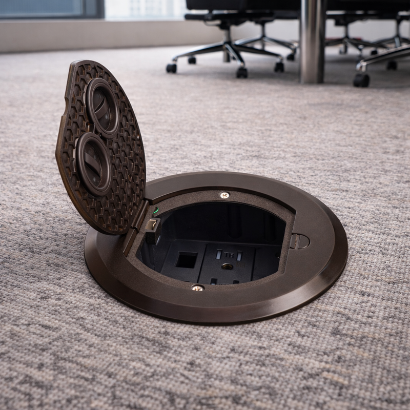 Recessed Round Floor Box for Concrete with Power & Data, Dark Bronze