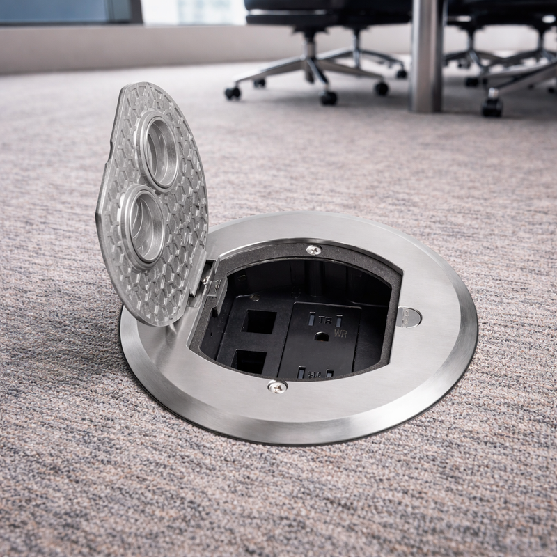 Recessed Round Floor Box for Concrete with Power & Data, Aluminum