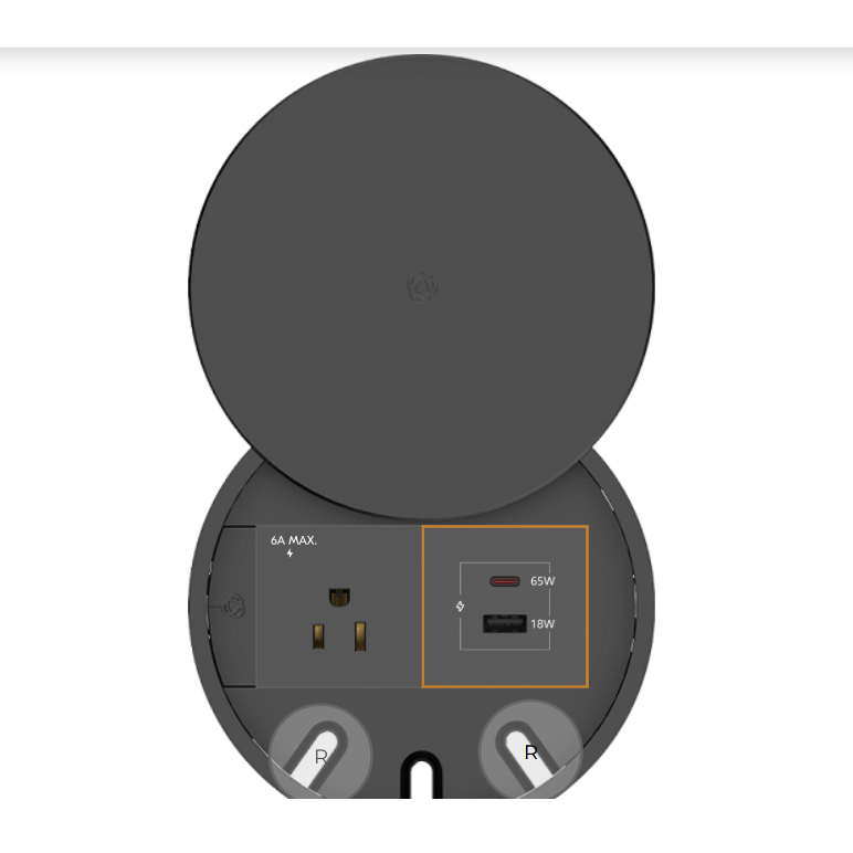 Kramer T-IN2-RND2-B2 Round Table Box w/ Lid, 2 Power, Charging A&C, 3 Holes, Black