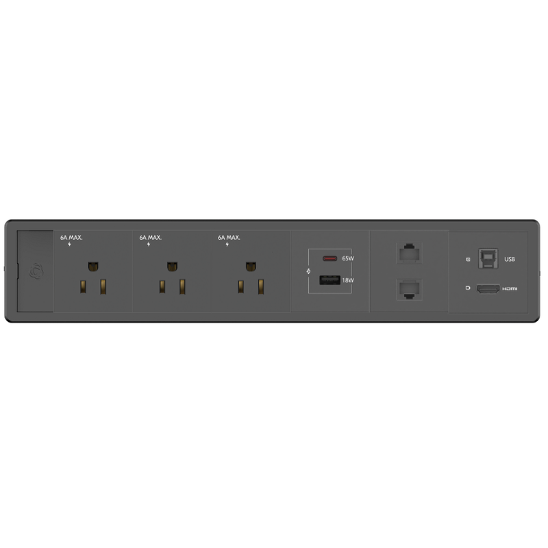 Kramer T-IN6-REC1-B1 Table Surface Box, 3 Power, Charging USB-A/C, 2 Cat6, 1 HDMI, Black