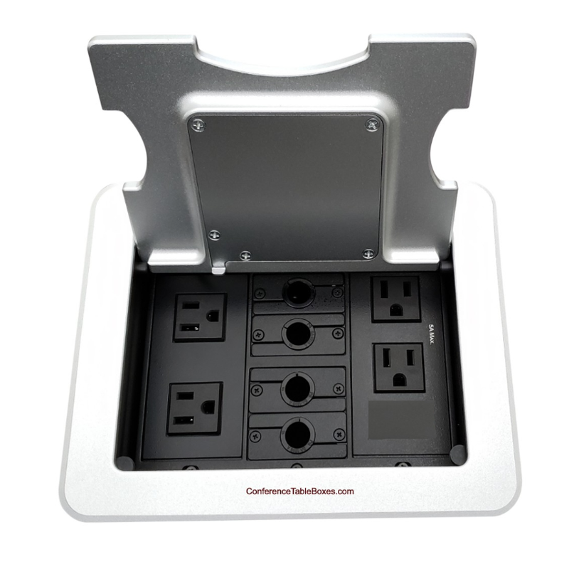 Cable Well with Wireless Charging Lid, 4 Power, 4 Grommet Holes, Silver