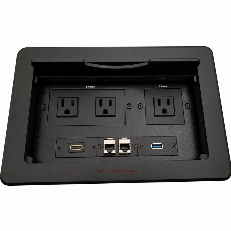 Table Box w/ 3 Power, 1 HDMI, 1 USB-A, 2 Cat6, Black