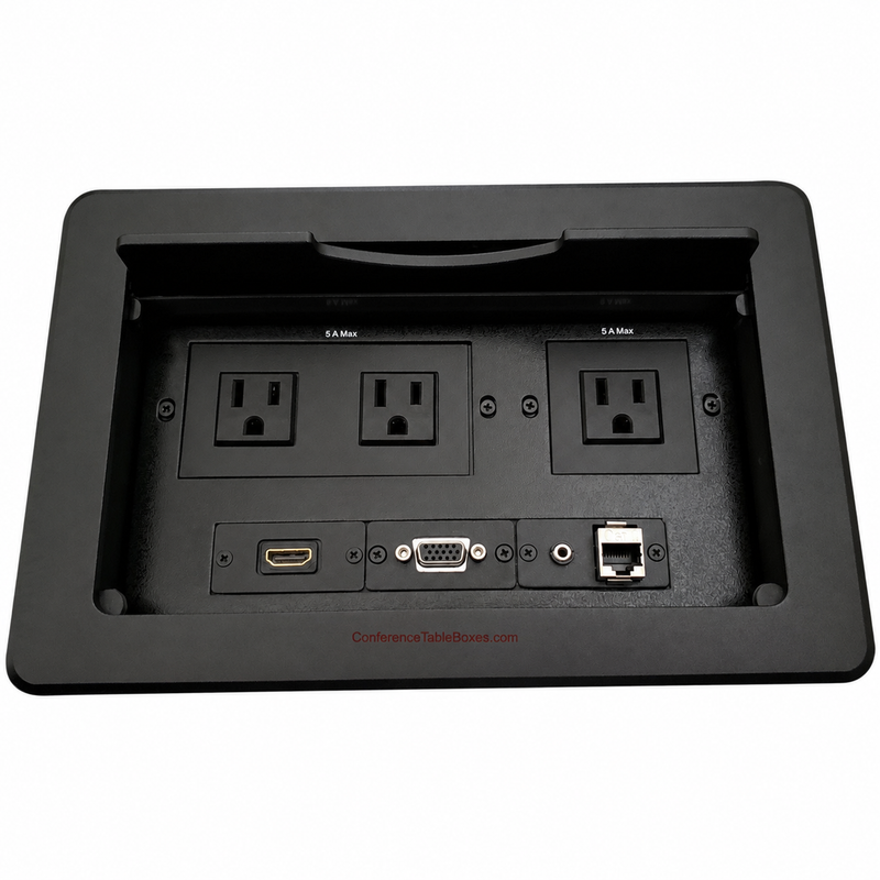 Table Box w/ 3 Power, 1 HDMI, 1 Cat6, 1 VGA, 1 Audio, Black