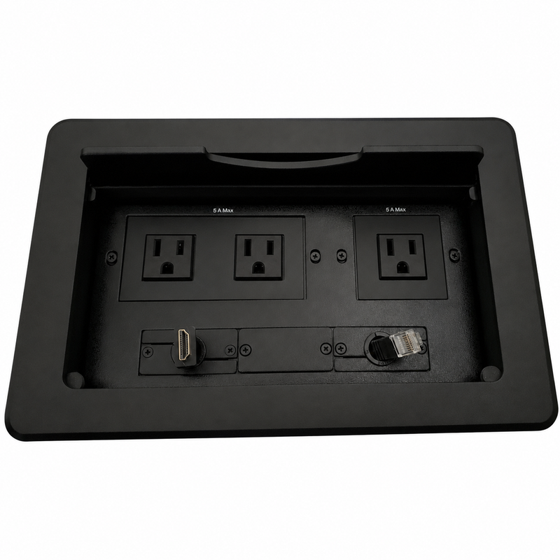 Conference Table Box 3 Power, Retracting HDMI & Cat6, Black