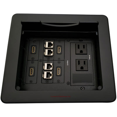 Cable Well Table Box, 2 Power, 4 HDMI, 4 Cat6 - Black